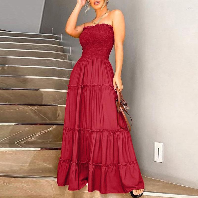 Casual Dresses Women Dress Spring Summer Banquet Loose High Waist Ruffled Stitching Long Temperament Tube Solid Color Big Pendulum