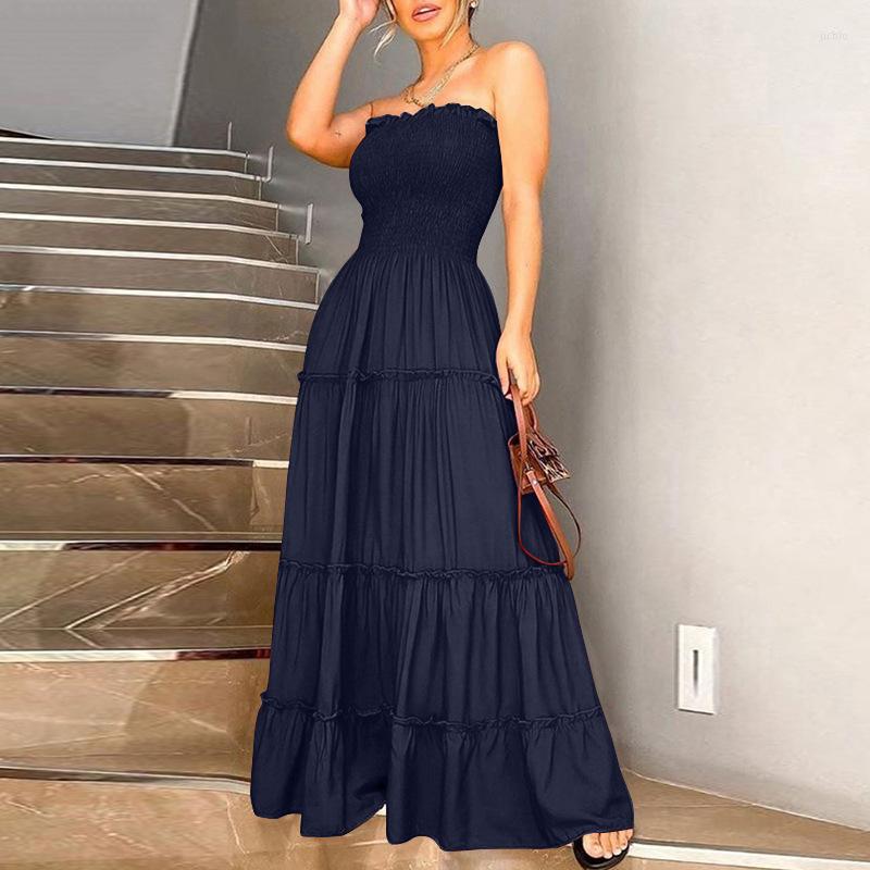 Casual Dresses Women Dress Spring Summer Banquet Loose High Waist Ruffled Stitching Long Temperament Tube Solid Color Big Pendulum