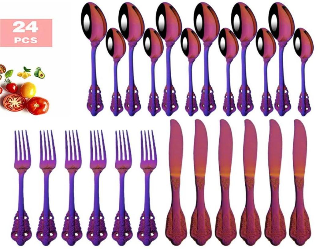 Dinnerware Sets 24Pcs6Set Vintage Western Purple Flatware Cutlery Dining Knife Fork Spoon Set Gold Luxury Engraving Tableware7785119, Silver
Dinnerware Sets 24Pcs6Set Vintage Western Purple Flatware Cutlery Dining Knife Fork Spoon Set Gold Luxury Engraving Tableware7785119, Silver