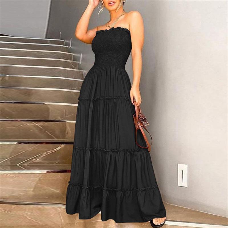 Casual Dresses Women Dress Spring Summer Banquet Loose High Waist Ruffled Stitching Long Temperament Tube Solid Color Big Pendulum