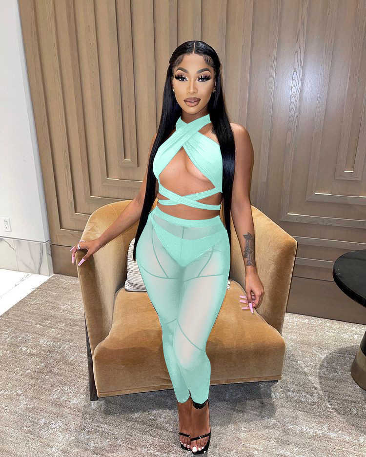 women's clothing spring and summer new hollow neck cross mesh splicing perspective three piece set for women