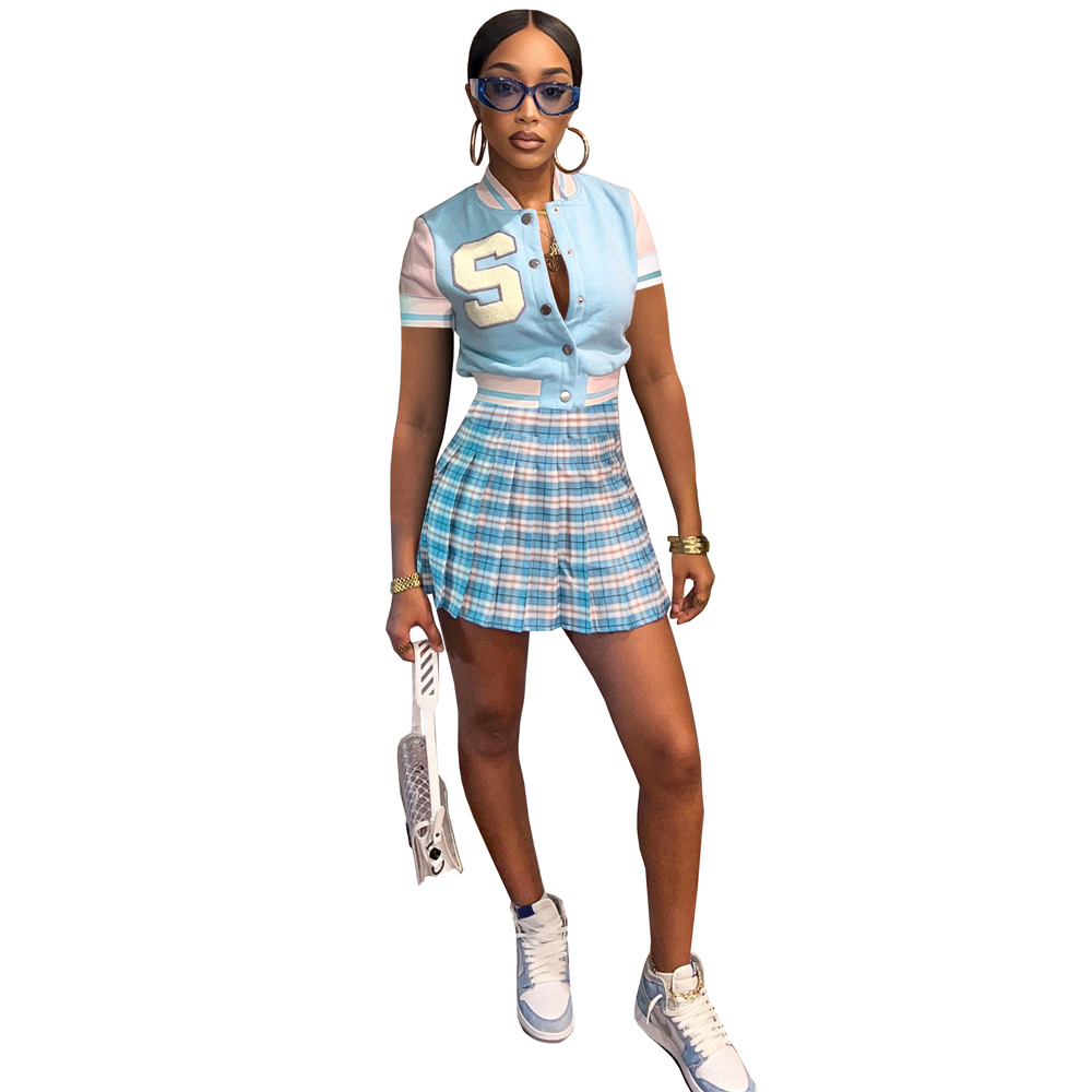 NEW Dress Sets Summer Women Outfits Short Sleeve Baseball Shirt and Pleated Skirt Two Piece Set Casual Tracksuits Skirt Suits Bulk Clothes 9402
