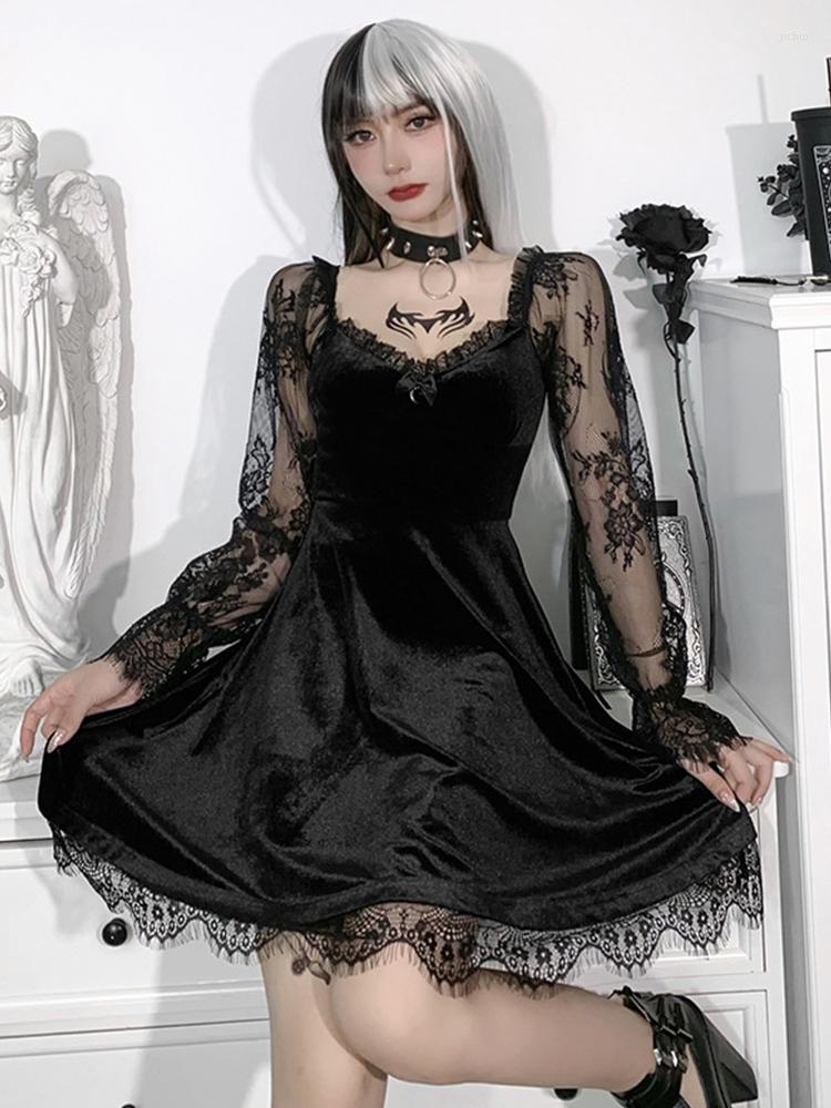 Casual Dresses Vintage E-girl Grunge Gothic Black Mini Dress Lace Trim High Waist Bodycon Women 90s Punk Harajuku Lolita Clothes