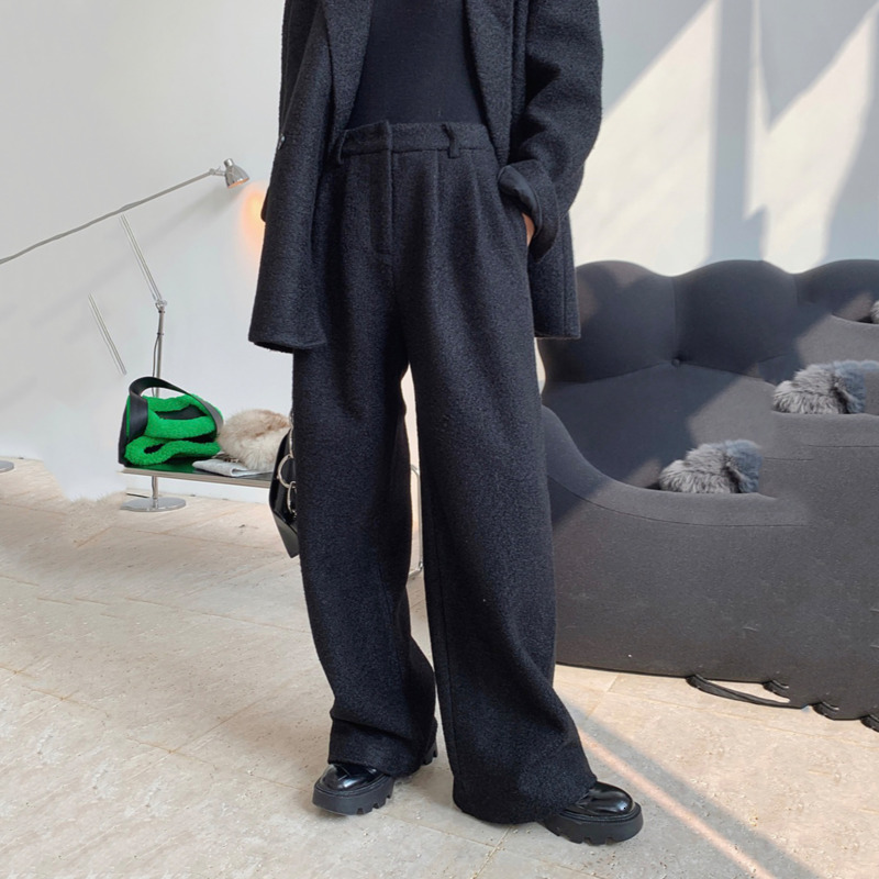 Women's Pants Capris LANMREM High Waist Wide Legs Woolen Blend Trousers For Women Spring Winter Gray Black Color Female Casual Pants 2C351 230306