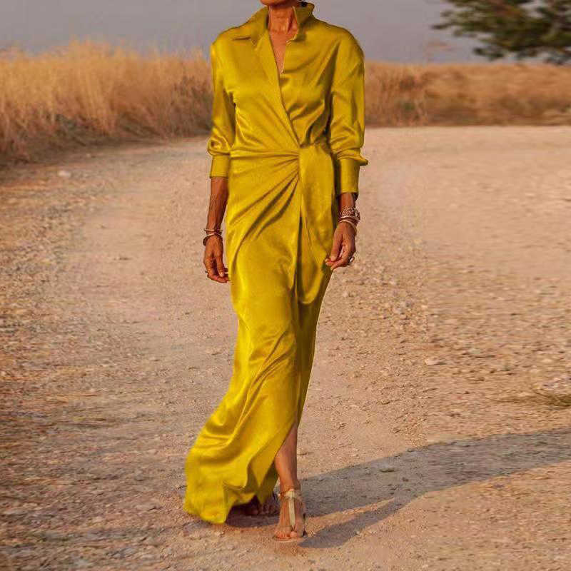 Casual Dresses Casual Office Lapel V Neck Maxi Dresses Spring Women Long Sleeve Solid Shirts Dress Elegant Lady Lace Up Split Slim Long Dresses Z0216