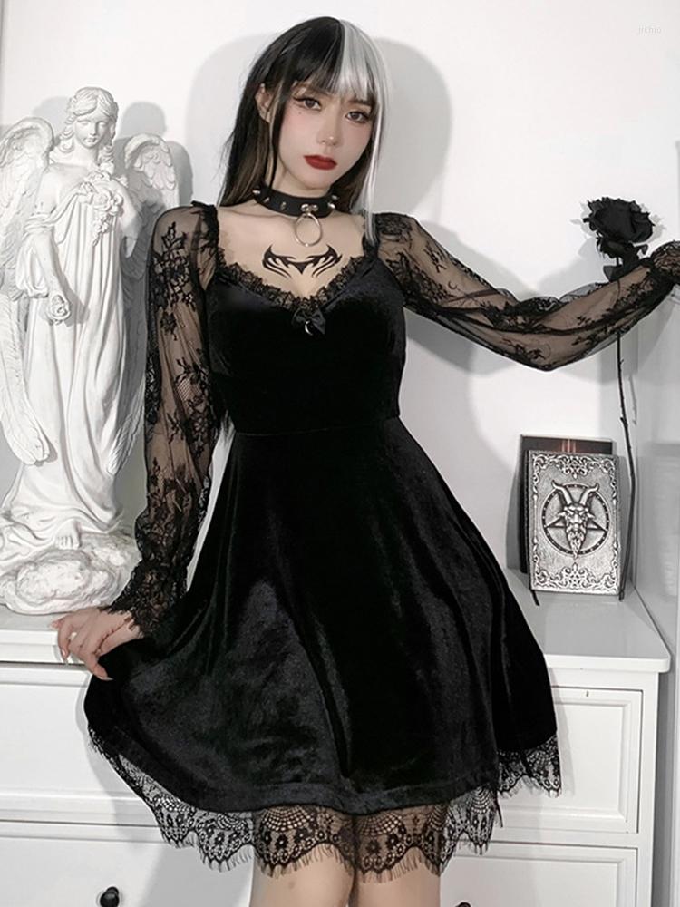 Casual Dresses Vintage E-girl Grunge Gothic Black Mini Dress Lace Trim High Waist Bodycon Women 90s Punk Harajuku Lolita Clothes