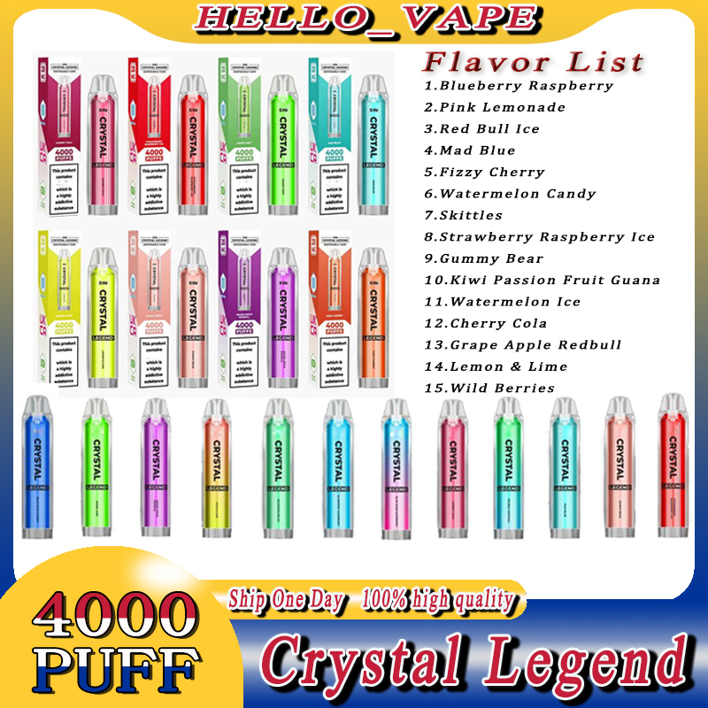 Crystal Legend 4000 puff 4000 Disposable Electronic Cigarettes 1350mAh Battery 2% Capacity 12ml With 4000 Puffs Extra Vape Pen 100% Quality Vapors Wholesale kit
Crystal Legend 4000 puff 4000 Disposable Electronic Cigarettes 1350mAh Battery 2% Capacity 12ml With 4000 Puffs Extra Vape Pen 100% Quality Vapors Wholesale kit