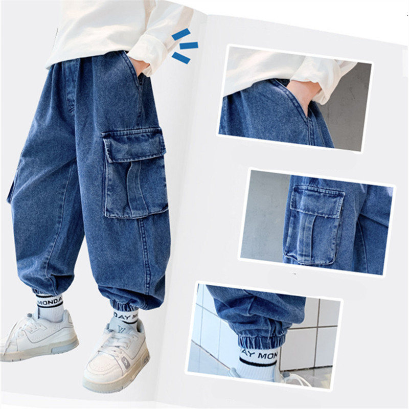 Jeans Spring Cool Boy Blue Loose Straight-Leg Harem Jeans Pants For Children Kids Cargo Denim Trousers With Pocket 5 7 9 11 13 14Y 230306