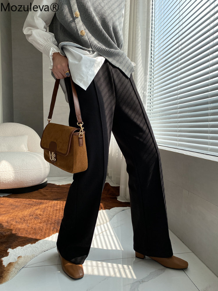 Women's Pants Capris Mozuleva Women Winter Woolen Pants Autumn High Waist Straight Long Pants Female Streetwear Trouser Full Length Wide Leg Trou
