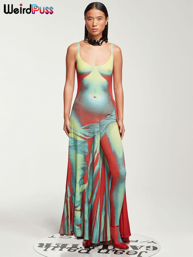 Casual Dresses Weird Puss Body Print Women Sumdress Sexy Sleeveless Trend Skinny Elastic Party Maxi Bodycon Slim Birthday Banquet Clubwear 230303