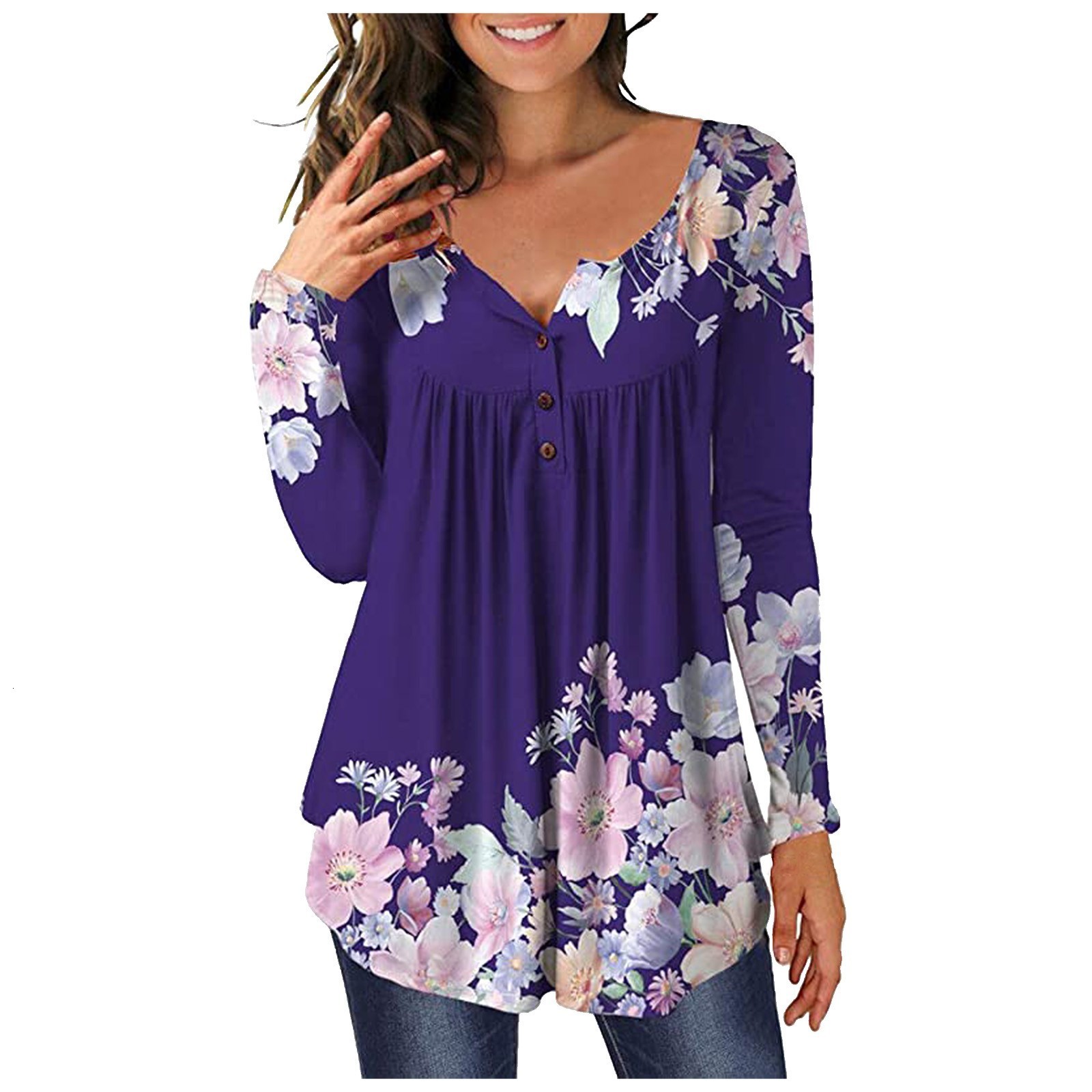 Women's Blouses Shirts 3xl Plus Size Floral Printed Tunic Shirts Fashion Round Neck Women Blouses Button Casual Spring Women's Shirt Clothin