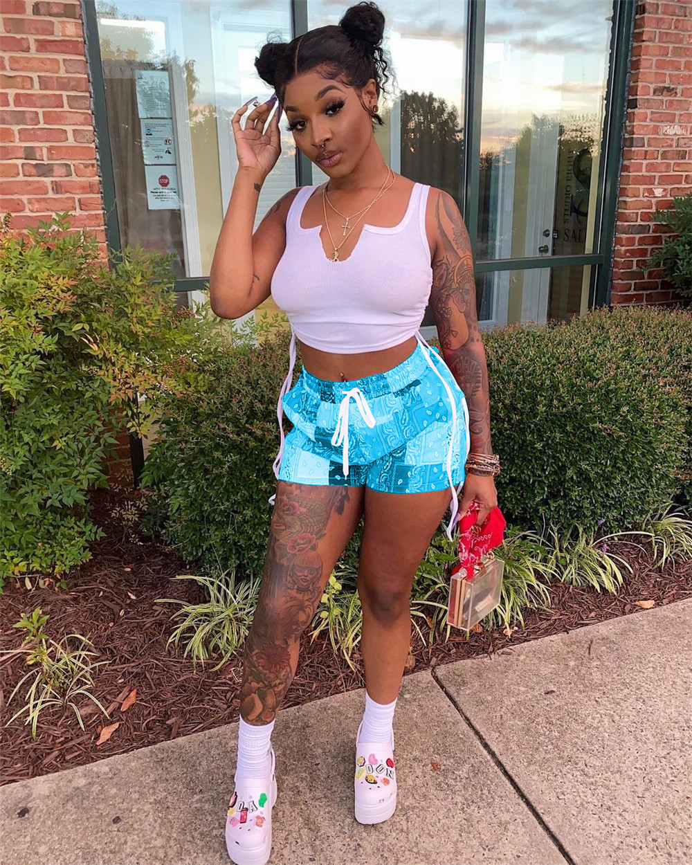 2023 Designer Summer Tracksuits Two Piece Set Women Outfits Sporty Sportswear Sleeveless Tank Top and Print Shorts Casual Sportswear Bulk Wholesale 93