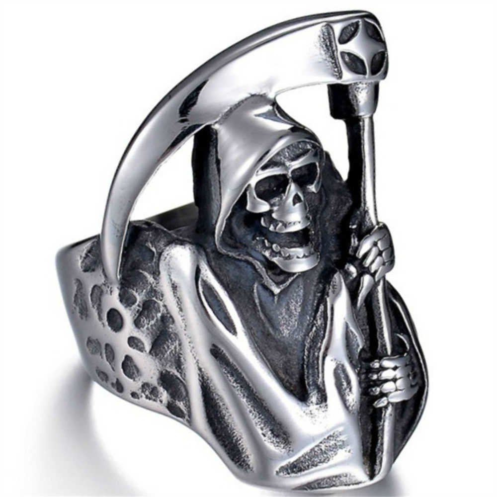 Cluster Rings Vintage Gothic Punk Grim Reaper Skull Ring Stainless Steel Reaper's Scythe Ring Jewelry for Men L230306
Cluster Rings Vintage Gothic Punk Grim Reaper Skull Ring Stainless Steel Reaper's Scythe Ring Jewelry for Men L230306