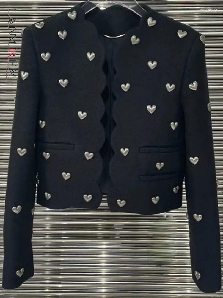 

Women' Jackets LANMREM Long Sleeve Heart Beading Jacket Woman V Neck Black Color Chic Female Streetwear Fashion Tops 2023 Autumn 2R2279