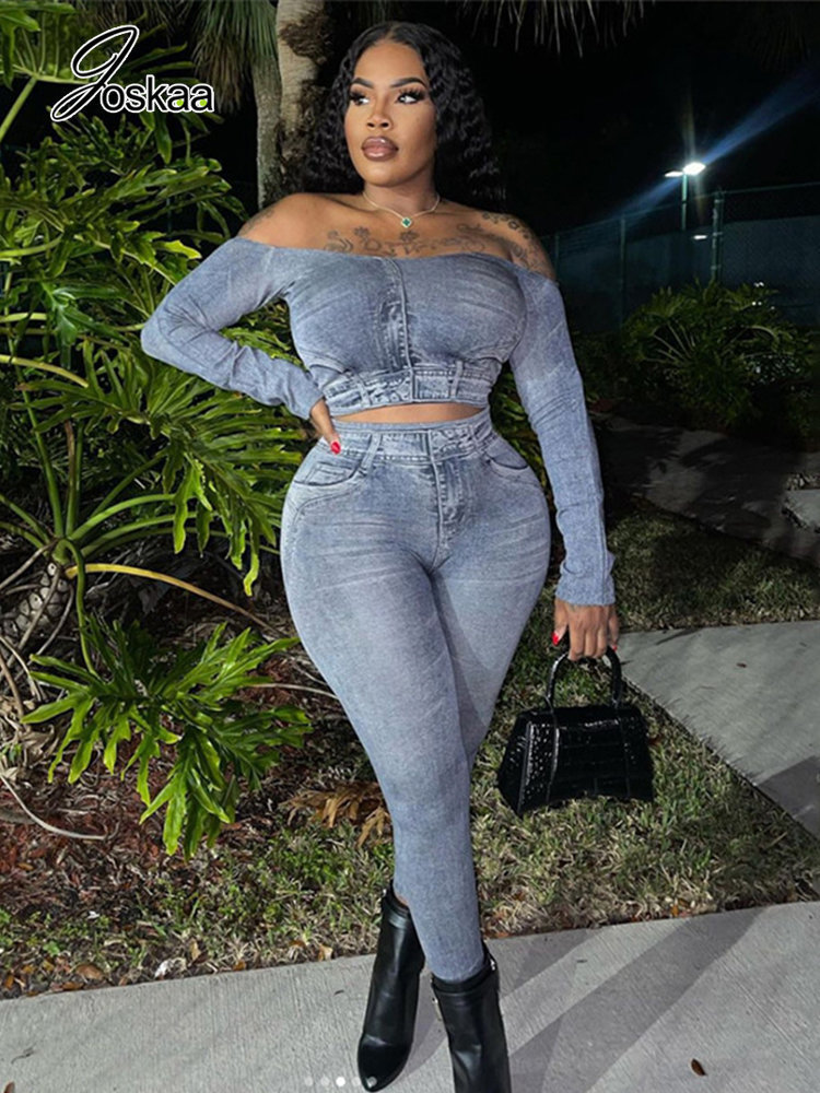 Women Two Piece Pants Joskaa Sexy Denim Print Set Women Hipster Off Shoulder Long Sleeve T shirts and Leggings Matching 2023 Streetwear 230303, Denim blue
Women Two Piece Pants Joskaa Sexy Denim Print Set Women Hipster Off Shoulder Long Sleeve T shirts and Leggings Matching 2023 Streetwear 230303, Denim blue