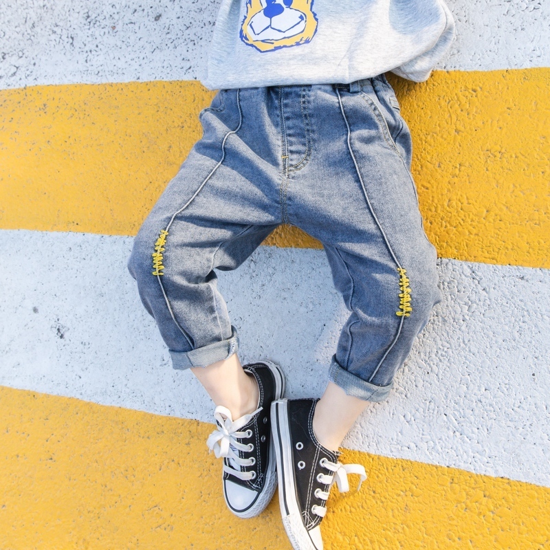Jeans Children Clothing Baby Boys Jeans Cartoon Cotton Denim Pants 1 2 3 4 5 6 7 Years preschool Boys Kids Front Splicing Strip Jeans 230306