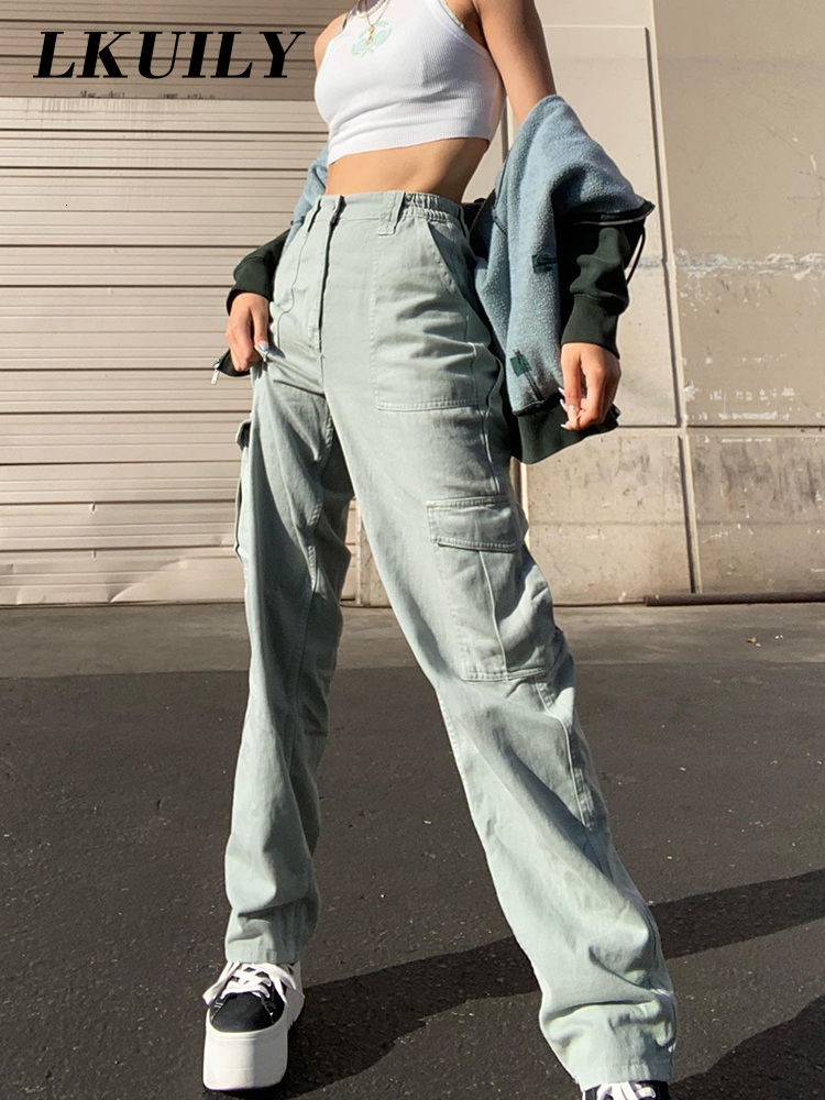 Women's Pants Capris Vintage Cargo Pants Overalls Baggy Jeans Women Fashion 90s Streetwear Big Pockets Wide High Waist Y2k Straight Denim Trouser