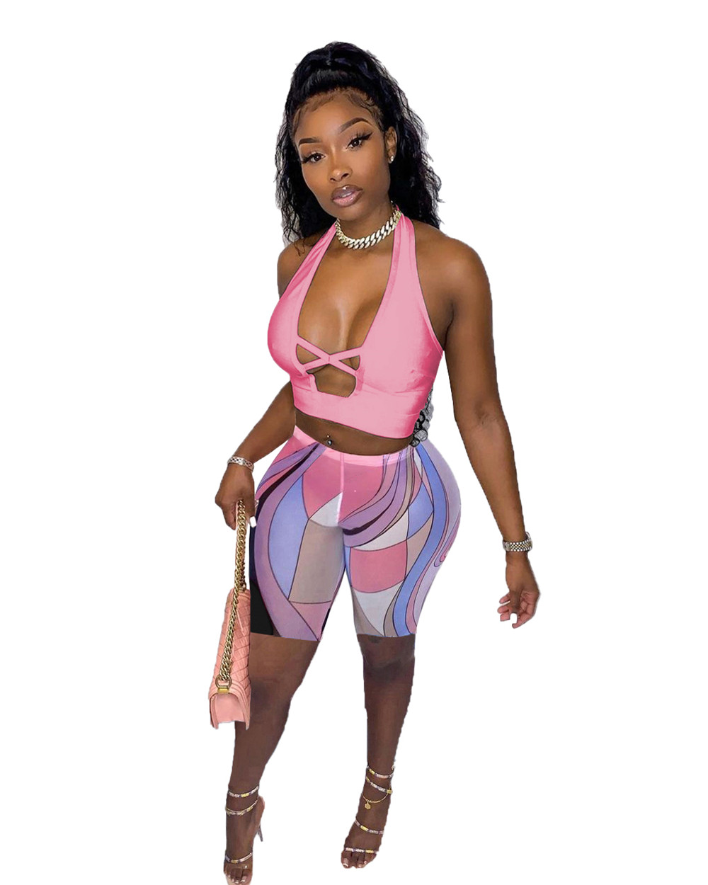 designer Wholesale Two Piece Sets Solid Deep V Halter Crop Top Vest and Print Skinny Pencil Biker Shorts Suit Sports Tracksuits 9397