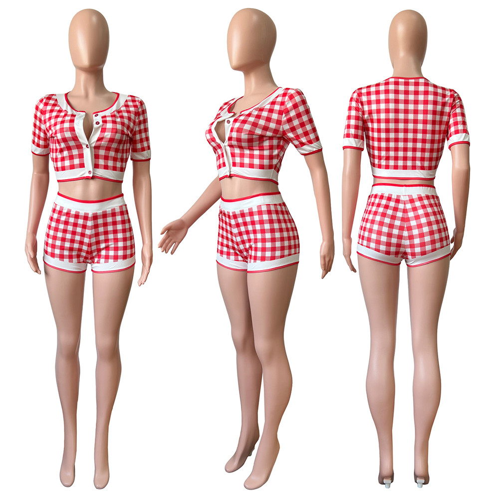 Designer Summer Clothes for Woman Tracksuits Casual Plaid Outfits Short Sleeve Shirt Crop Top and Shorts Trendy Clothes Piece Set Bulk Wholesale 9398