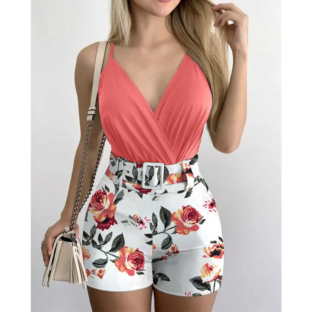 2023 women's jumpsuits amp rompers V-neck suspender vest and plant print shorts suit with belt