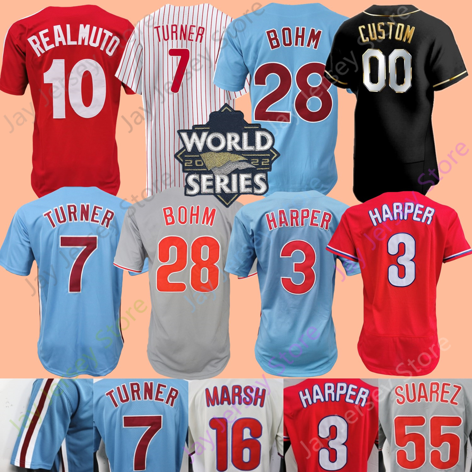 2022 WS Baseball Jersey Harper Trea Turner Mike Schmidt Ranger Suarez J. T. Realmuto Alec Bohm Rhys Hoskins Nick Castellanos Marsh Schwarber Nola Wheeler Utley, 2008 ws gold
2022 WS Baseball Jersey Harper Trea Turner Mike Schmidt Ranger Suarez J. T. Realmuto Alec Bohm Rhys Hoskins Nick Castellanos Marsh Schwarber Nola Wheeler Utley, 2008 ws gold
