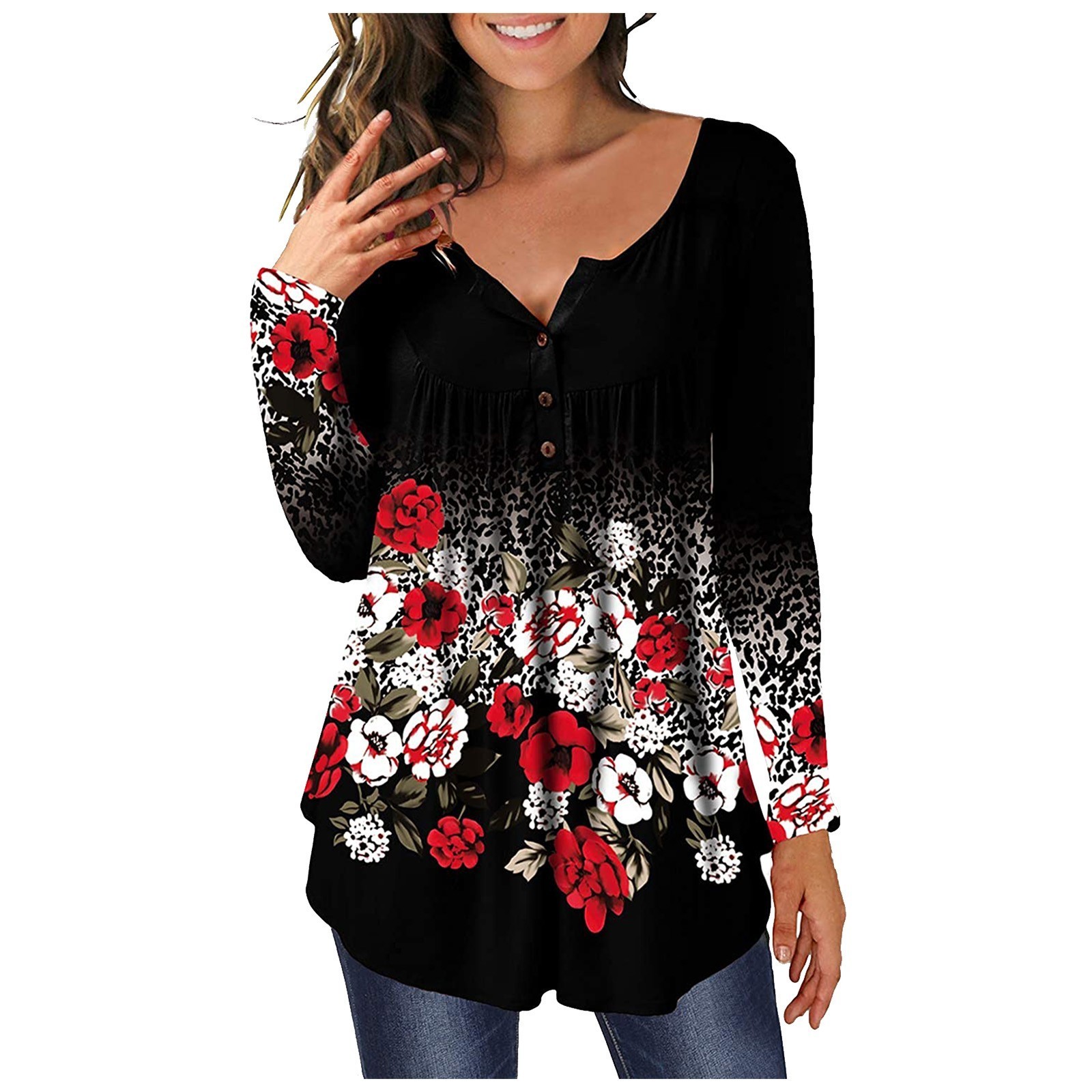 Women's Blouses Shirts 3xl Plus Size Floral Printed Tunic Shirts Fashion Round Neck Women Blouses Button Casual Spring Women's Shirt Clothin