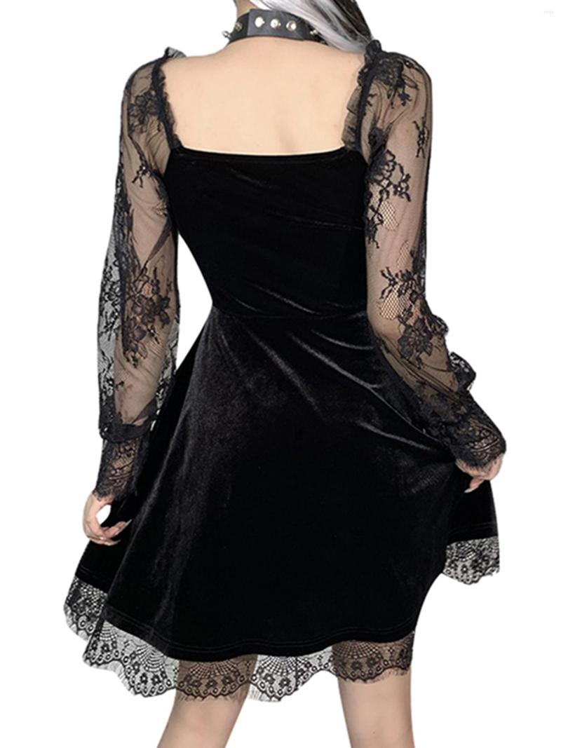 Casual Dresses Vintage E-girl Grunge Gothic Black Mini Dress Lace Trim High Waist Bodycon Women 90s Punk Harajuku Lolita Clothes