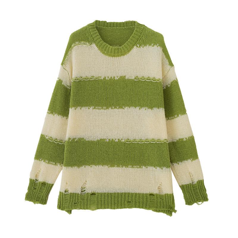Womens Sweaters Thin Black White Striped Knitted Sweater Women Lazy Retro Sun Shirt Ripped Pull 2024 Jumper Couple Knitwear MenWomens