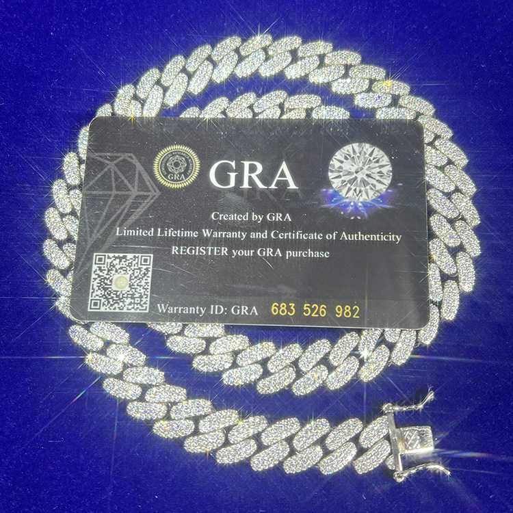 Gra Certificate Moissanite Ice Out Chain 13mm Width 3rows 925 Sterling Silver Necklace Men Cuban Link Chain Hip Hop Necklace