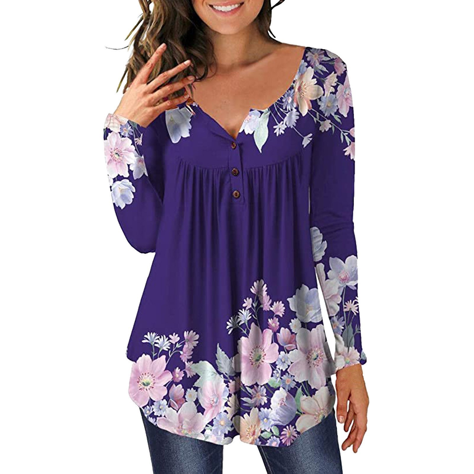 Women's Blouses Shirts 3xl Plus Size Floral Printed Tunic Shirts Fashion Round Neck Women Blouses Button Casual Spring Women's Shirt Clothin