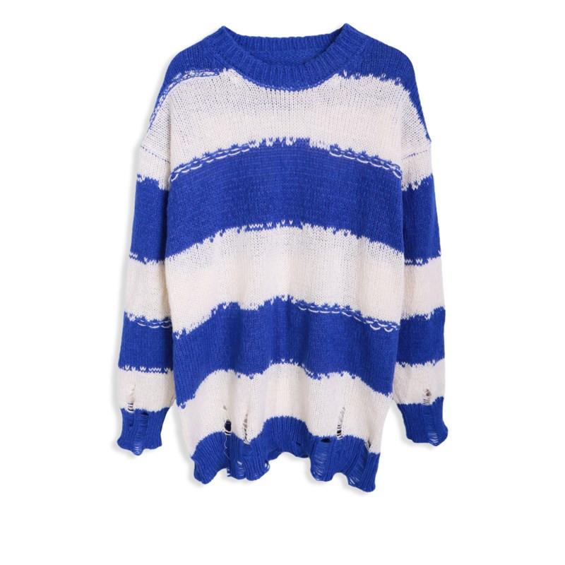 Womens Sweaters Thin Black White Striped Knitted Sweater Women Lazy Retro Sun Shirt Ripped Pull 2024 Jumper Couple Knitwear MenWomens