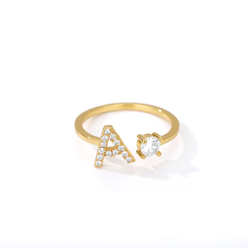 Zircon Initial A-Z Letter Rings For Women Gold Stainless Steel Adjustable Opening Ring Name Alphabet Female Wedding Jewelry Gift
