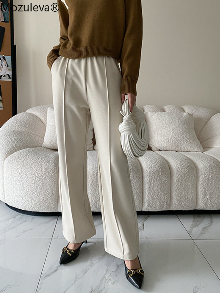 Women's Pants Capris Mozuleva Women Winter Woolen Pants Autumn High Waist Straight Long Pants Female Streetwear Trouser Full Length Wide Leg Trou