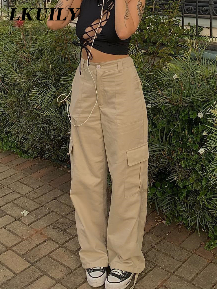 Women's Pants Capris Vintage Cargo Pants Overalls Baggy Jeans Women Fashion 90s Streetwear Big Pockets Wide High Waist Y2k Straight Denim Trouser