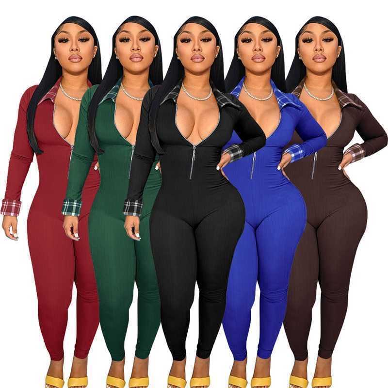 Designer casual Womens Jumpsuits long sleeve Plaid Personalized Splice Bodysuits Zipper Rompers, Black
Designer casual Womens Jumpsuits long sleeve Plaid Personalized Splice Bodysuits Zipper Rompers, Black