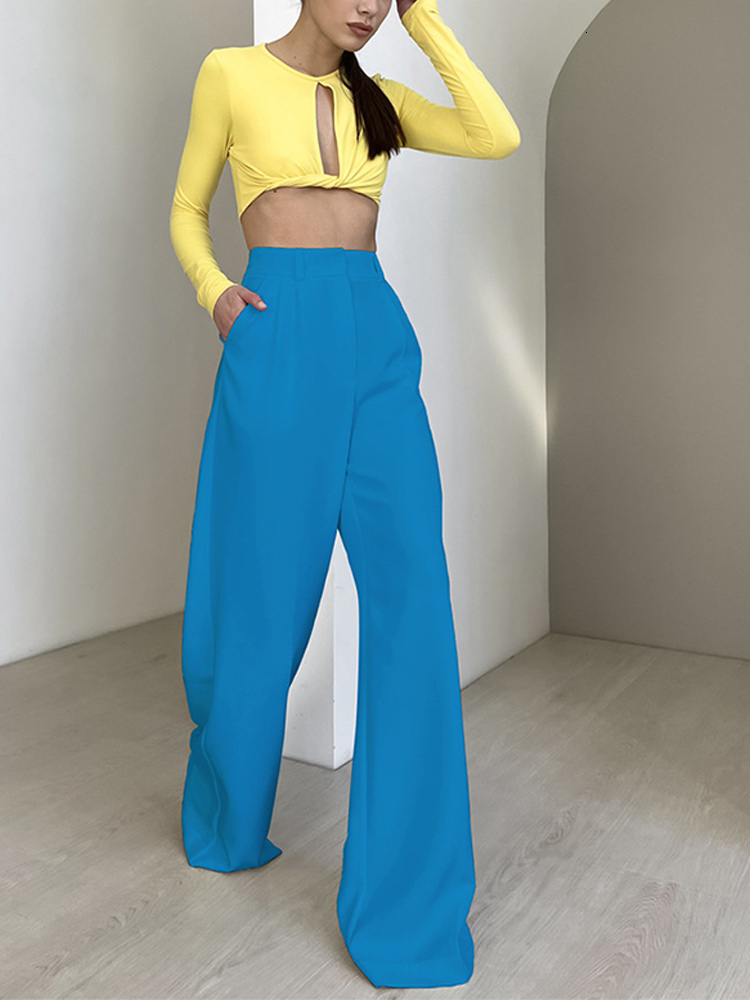 Women's Pants Capris Summer High Waist Women Trousers Loose Straight All-match Office Lady Pant Casual Simple Chic Pocket Floor-length Trouser 23