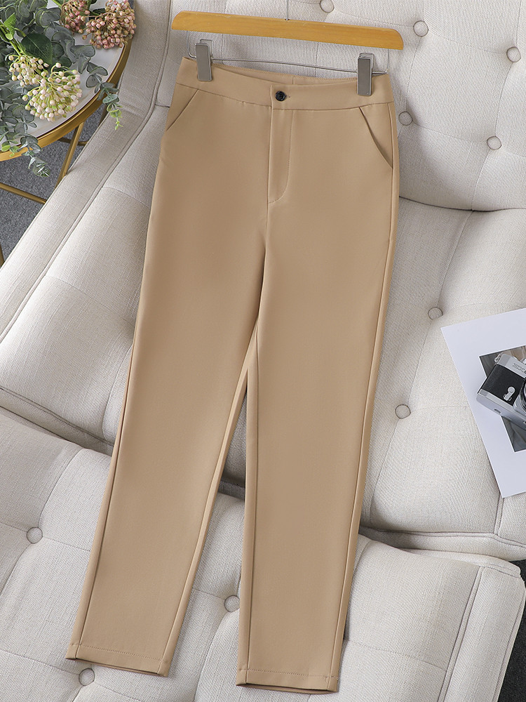 Women's Apricot Office Suit Blazer & Trouser Set - Solid Formal 2 Piece Work Wear, Acetate, Short Sleeve, Pencil Pants, Mid Waist,