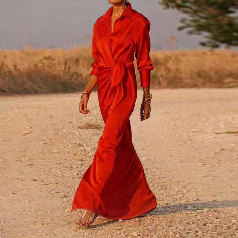 Casual Dresses Casual Office Lapel V Neck Maxi Dresses Spring Women Long Sleeve Solid Shirts Dress Elegant Lady Lace Up Split Slim Long Dresses Z0216