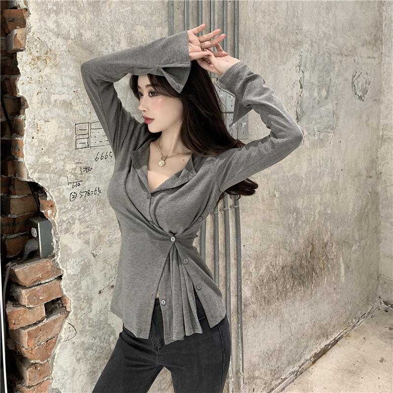 Womens T Shirts Women Fashion Design Irregularly Cut Cloth Stitching Slim Low V-neck Sexy Female Tight Shirt Baseshirt Long SleeveWomens