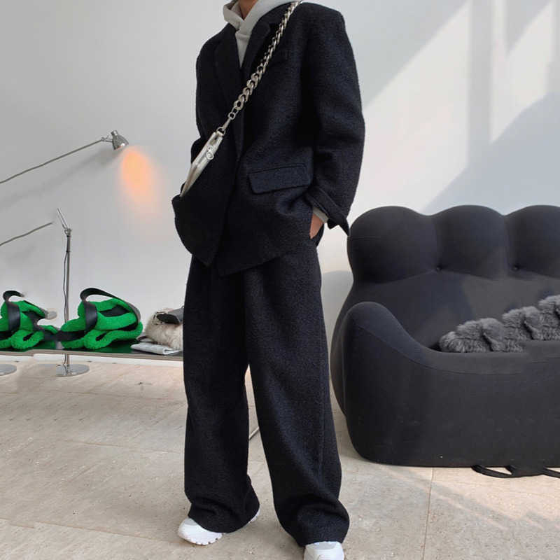 Women's Pants Capris LANMREM High Waist Wide Legs Woolen Blend Trousers For Women Spring Winter Gray Black Color Female Casual Pants 2C351 230306