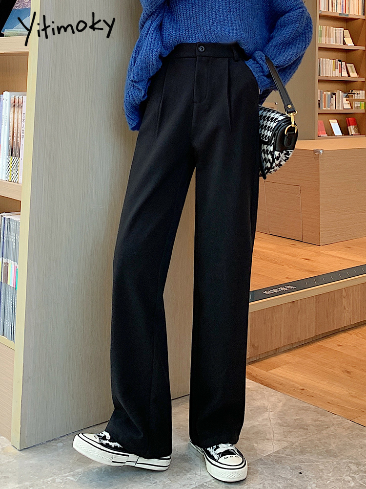 Women's Pants Capris Yitimoky Woolen Pants for Women Office Lady High Waist Clothes Work Black Coffee Full Length Trousers Korean Fashion Bottoms