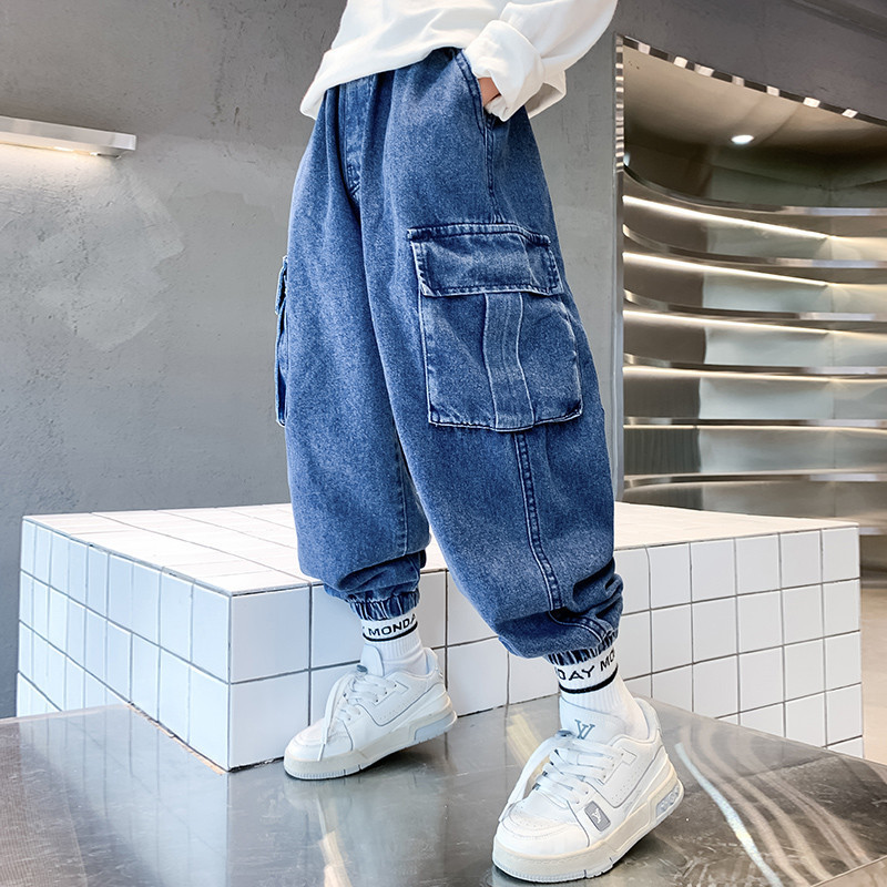 Jeans Spring Cool Boy Blue Loose Straight-Leg Harem Jeans Pants For Children Kids Cargo Denim Trousers With Pocket 5 7 9 11 13 14Y 230306