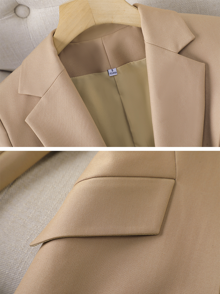 Women's Apricot Office Suit Blazer & Trouser Set - Solid Formal 2 Piece Work Wear, Acetate, Short Sleeve, Pencil Pants, Mid Waist,