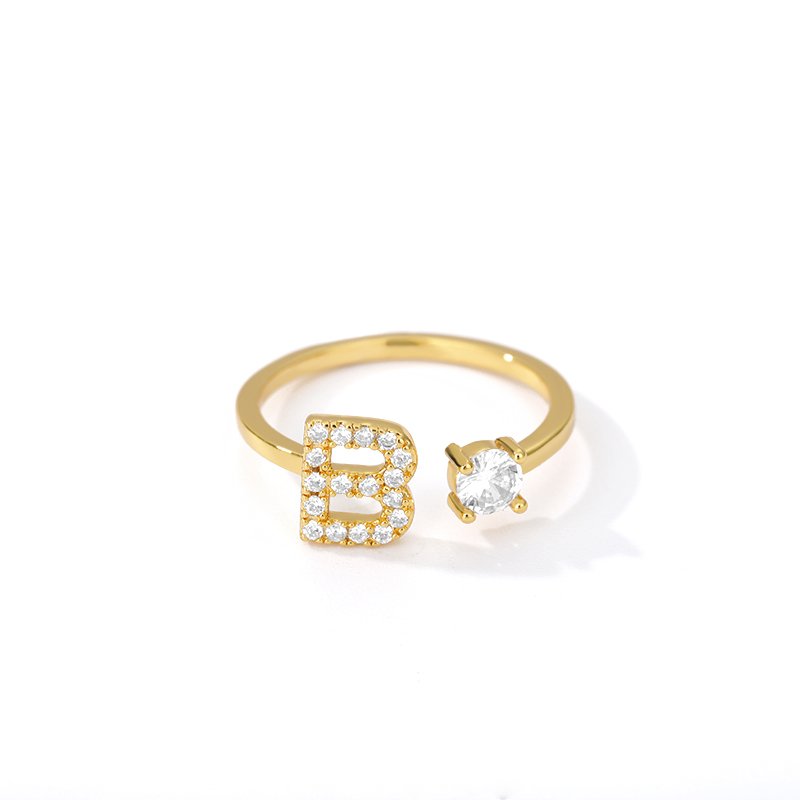Zircon Initial A-Z Letter Rings For Women Gold Stainless Steel Adjustable Opening Ring Name Alphabet Female Wedding Jewelry Gift