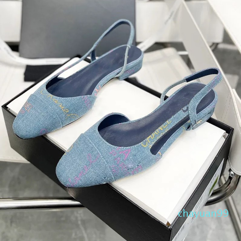 Classic Womens Chunky Heels Sandals Round Toes Dress Shoes Slingbacks Slippers Denim With Letter Open Shoe Designer Luxurys Casual Shoe Ladies Large Size Slides