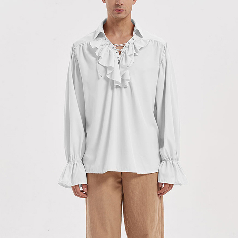 Men's Casual Shirts Mens Renaissance Costume Ruffled Long Sleeve Lace UP Medieval Steampunk Pirate Shirt Cosplay Prince Drama Stage Costume Tops 