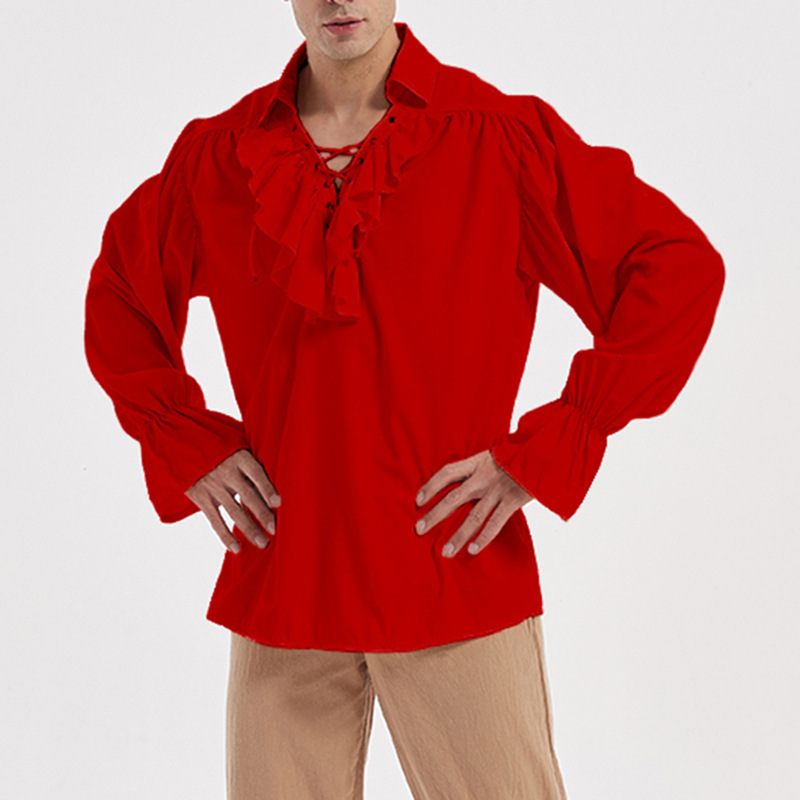 Men's Casual Shirts Mens Renaissance Costume Ruffled Long Sleeve Lace UP Medieval Steampunk Pirate Shirt Cosplay Prince Drama Stage Costume Tops 