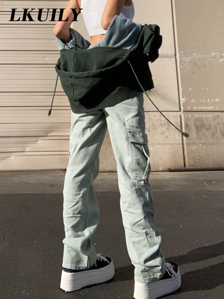 Women's Pants Capris Vintage Cargo Pants Overalls Baggy Jeans Women Fashion 90s Streetwear Big Pockets Wide High Waist Y2k Straight Denim Trouser