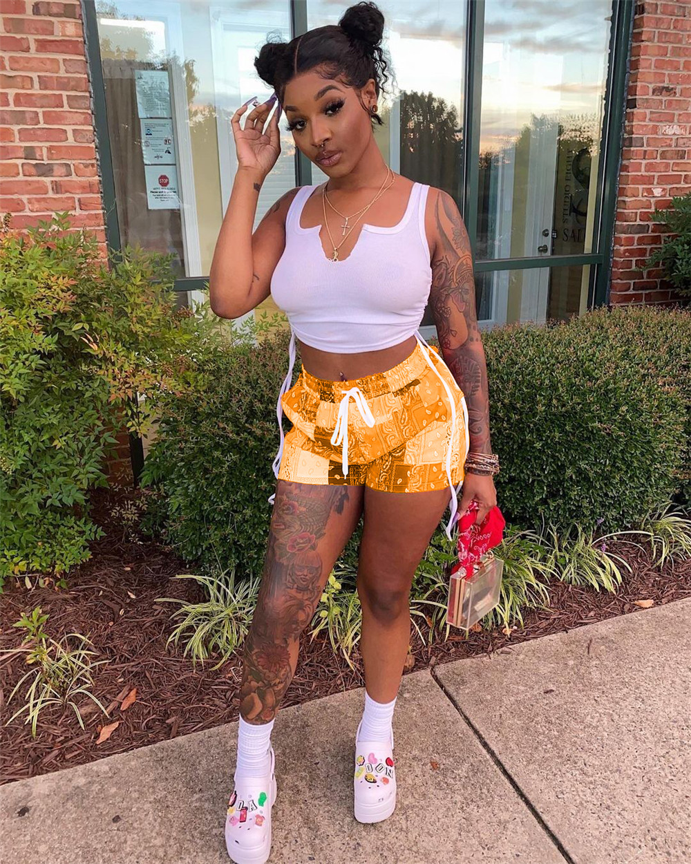 2023 Designer Summer Tracksuits Two Piece Set Women Outfits Sporty Sportswear Sleeveless Tank Top and Print Shorts Casual Sportswear Bulk Wholesale 93