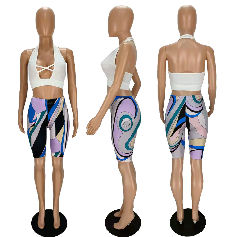 designer Wholesale Two Piece Sets Solid Deep V Halter Crop Top Vest and Print Skinny Pencil Biker Shorts Suit Sports Tracksuits 9397